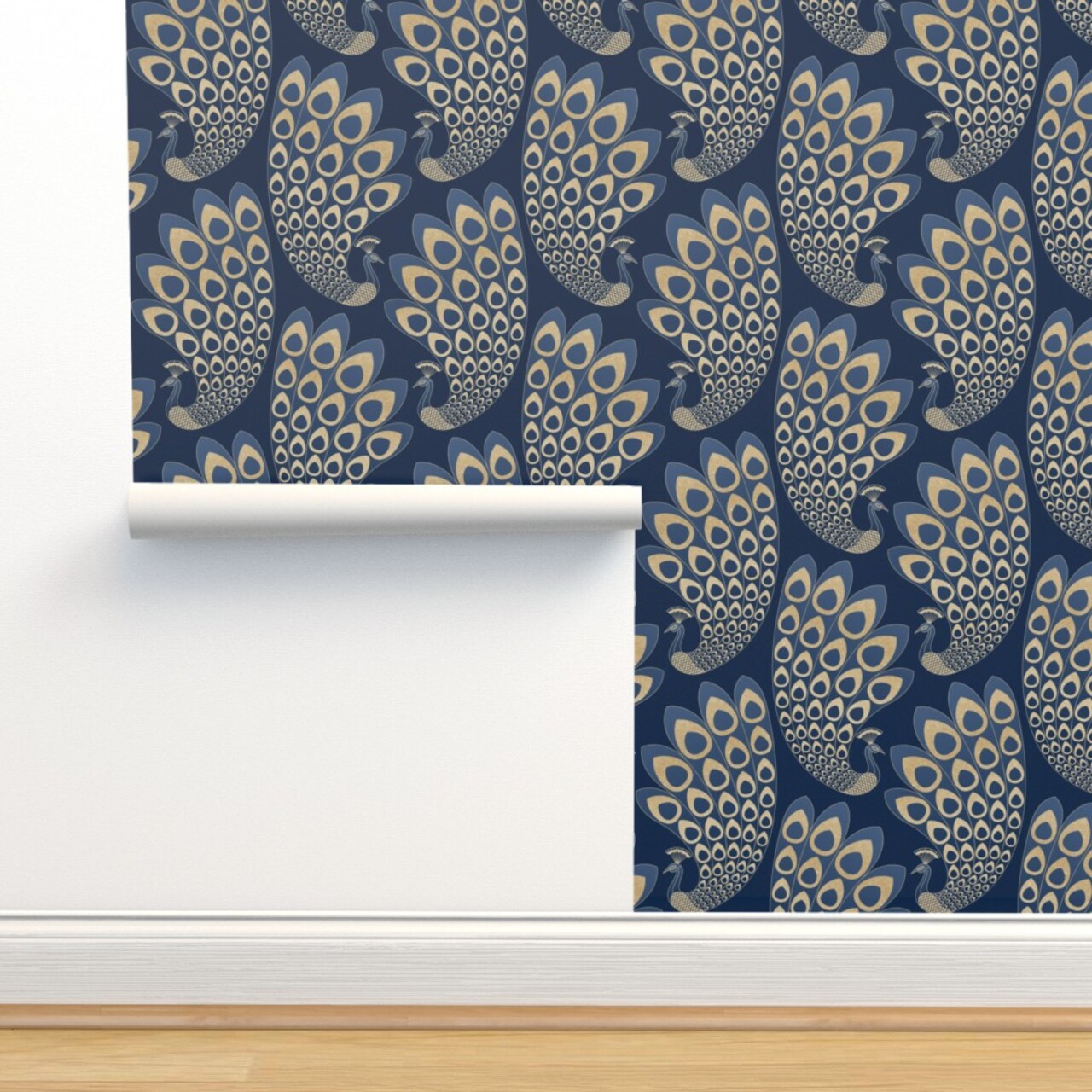 Blue Art Deco Peacock Nouveau Feathers 1920S Glamor Custom Removable Wallpaper by Spoonflower Peel & Stick Wallpaper 2FT Wide